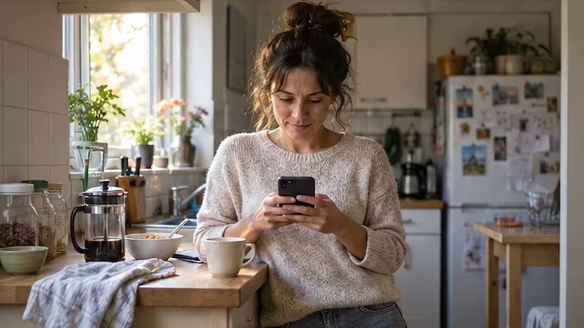 A woman in her kitchen smiles at her phone.
