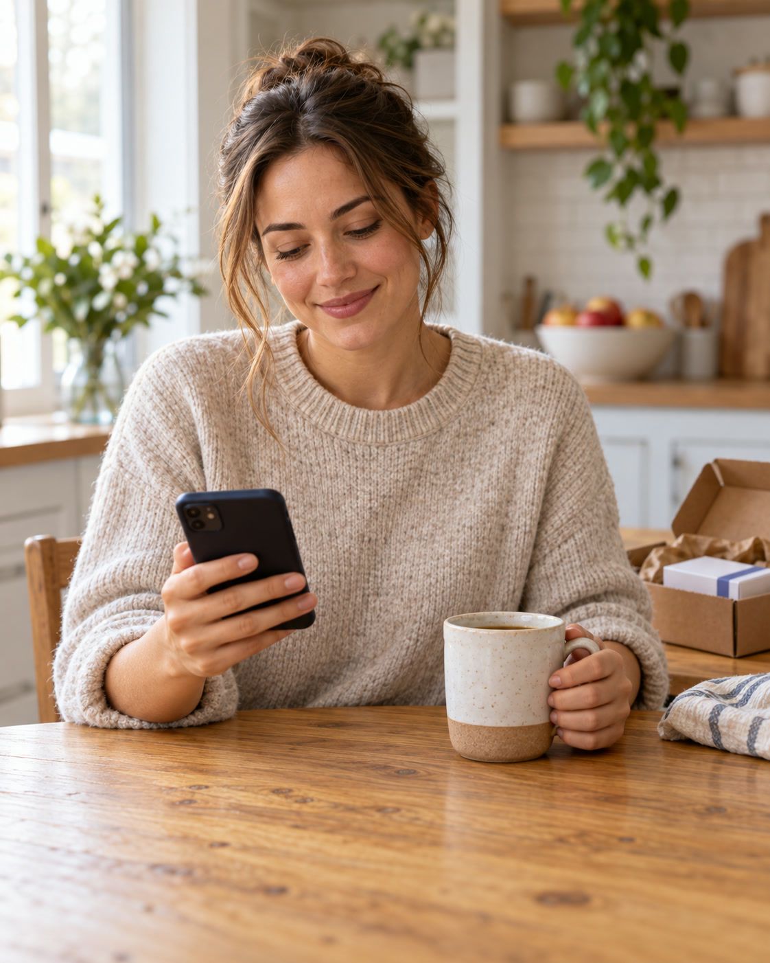 A patient at the kitchen table smiles at their phone, a mug in hand and an opened parcel beside them.